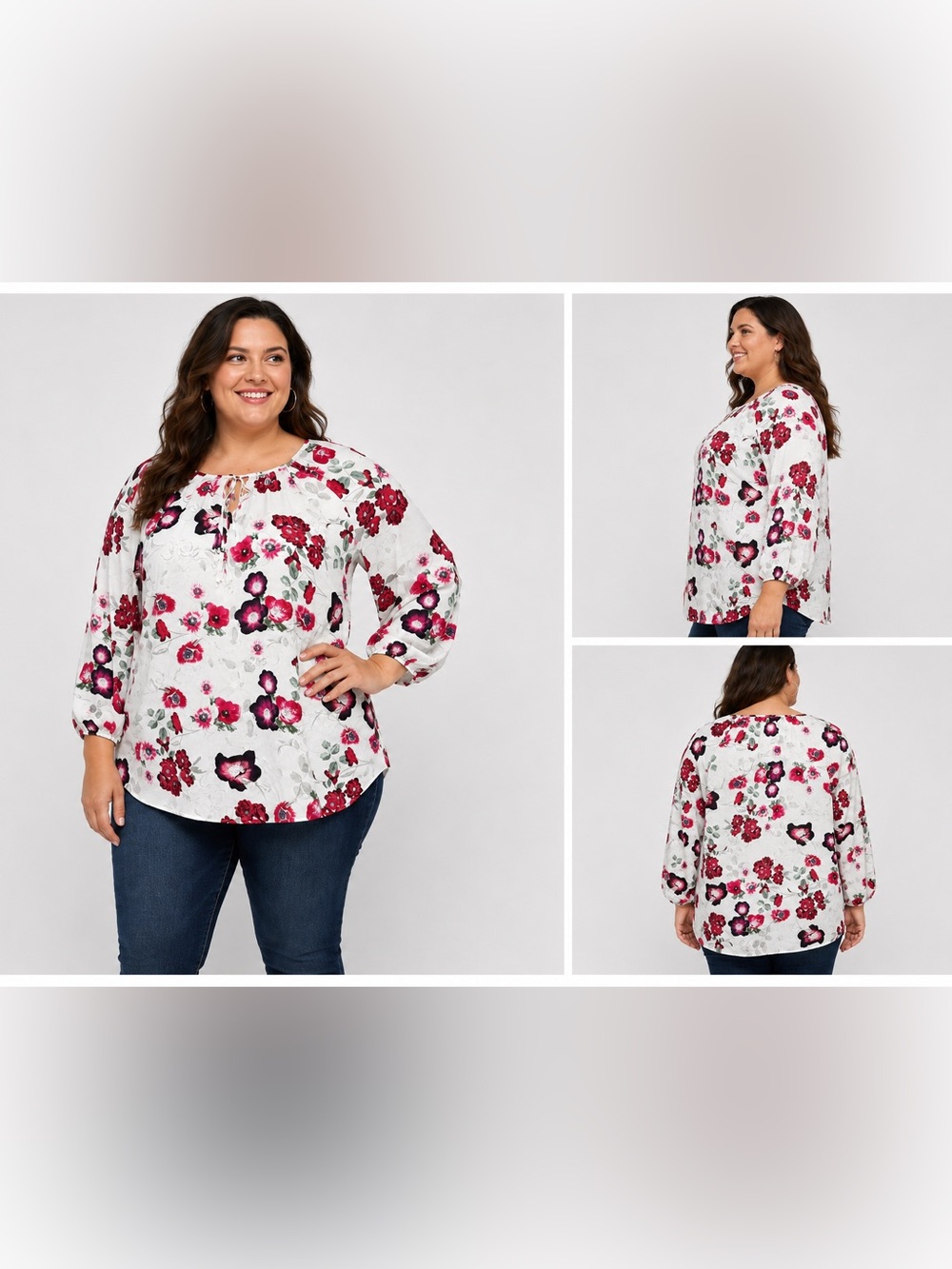 Daisy Fuentes White Floral Keyhole Tunic with Pink & Red Blooms